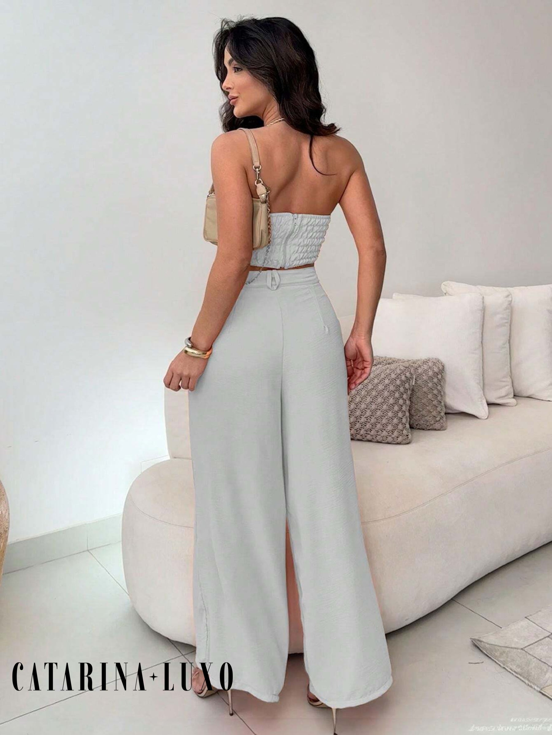 Conjunto Calça Pantalona E Cropped Tomara Que Caia Miriam