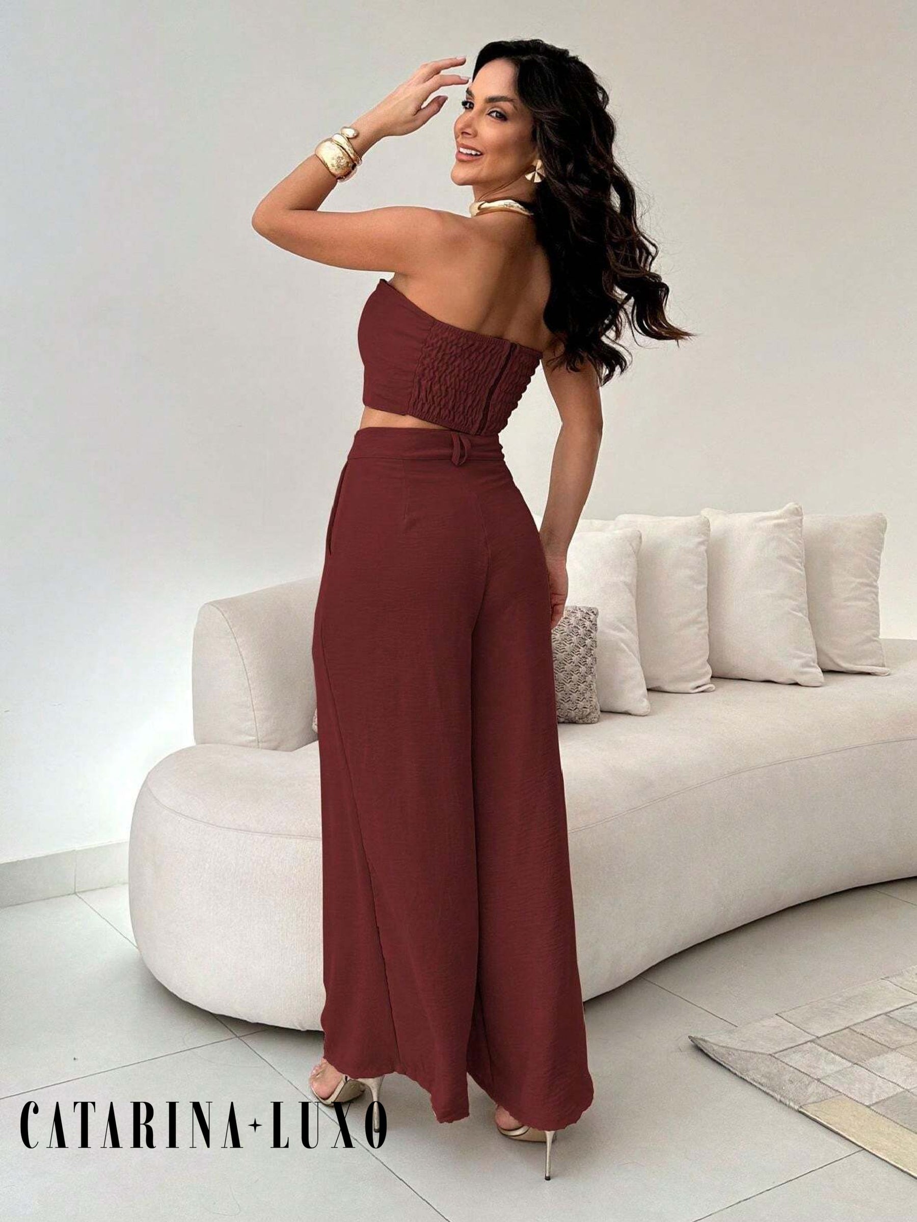 Conjunto Calça Pantalona E Cropped Tomara Que Caia Miriam