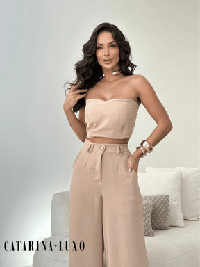 Conjunto Calça Pantalona E Cropped Tomara Que Caia Miriam