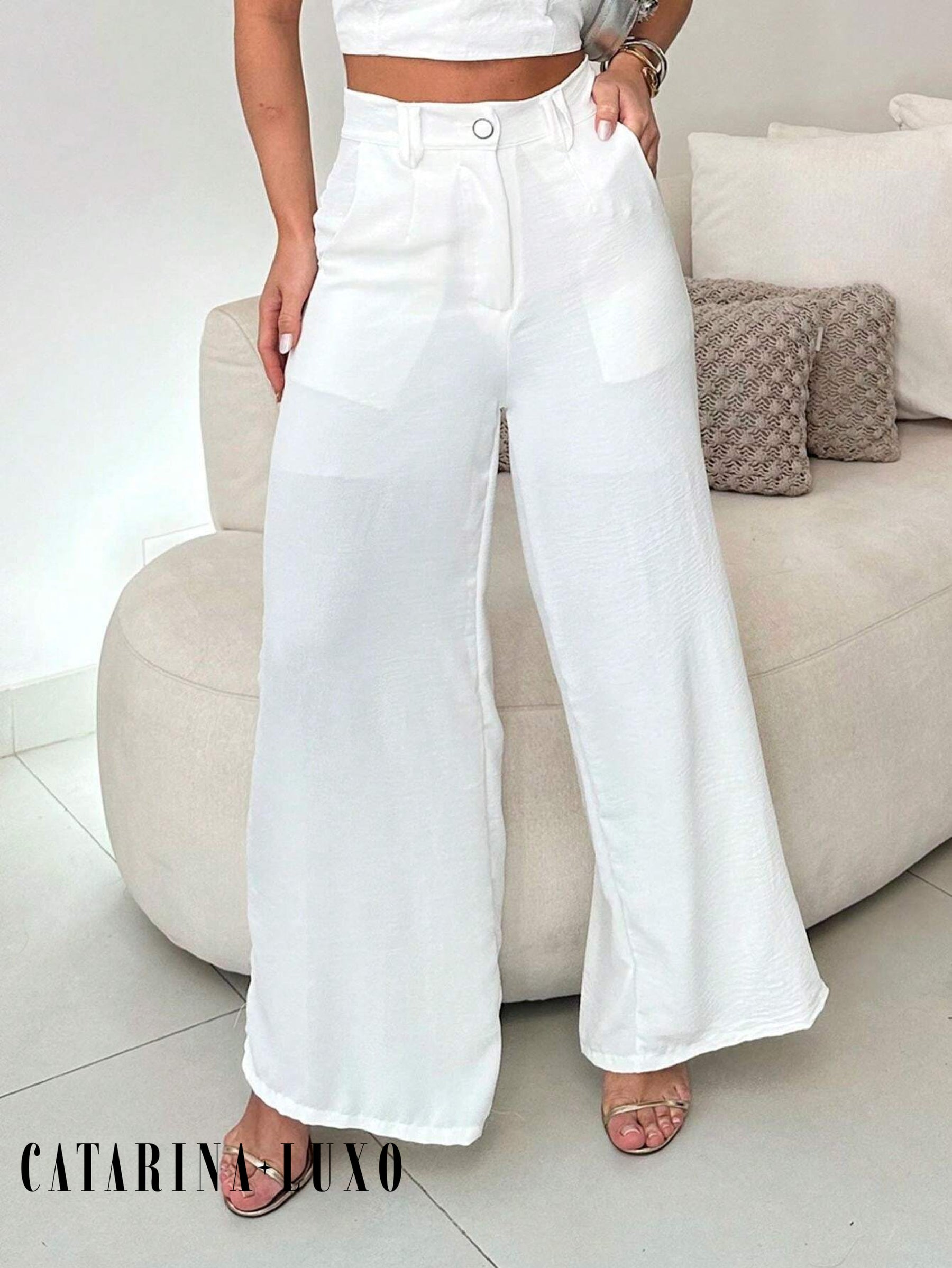 Conjunto Calça Pantalona E Cropped Tomara Que Caia Miriam