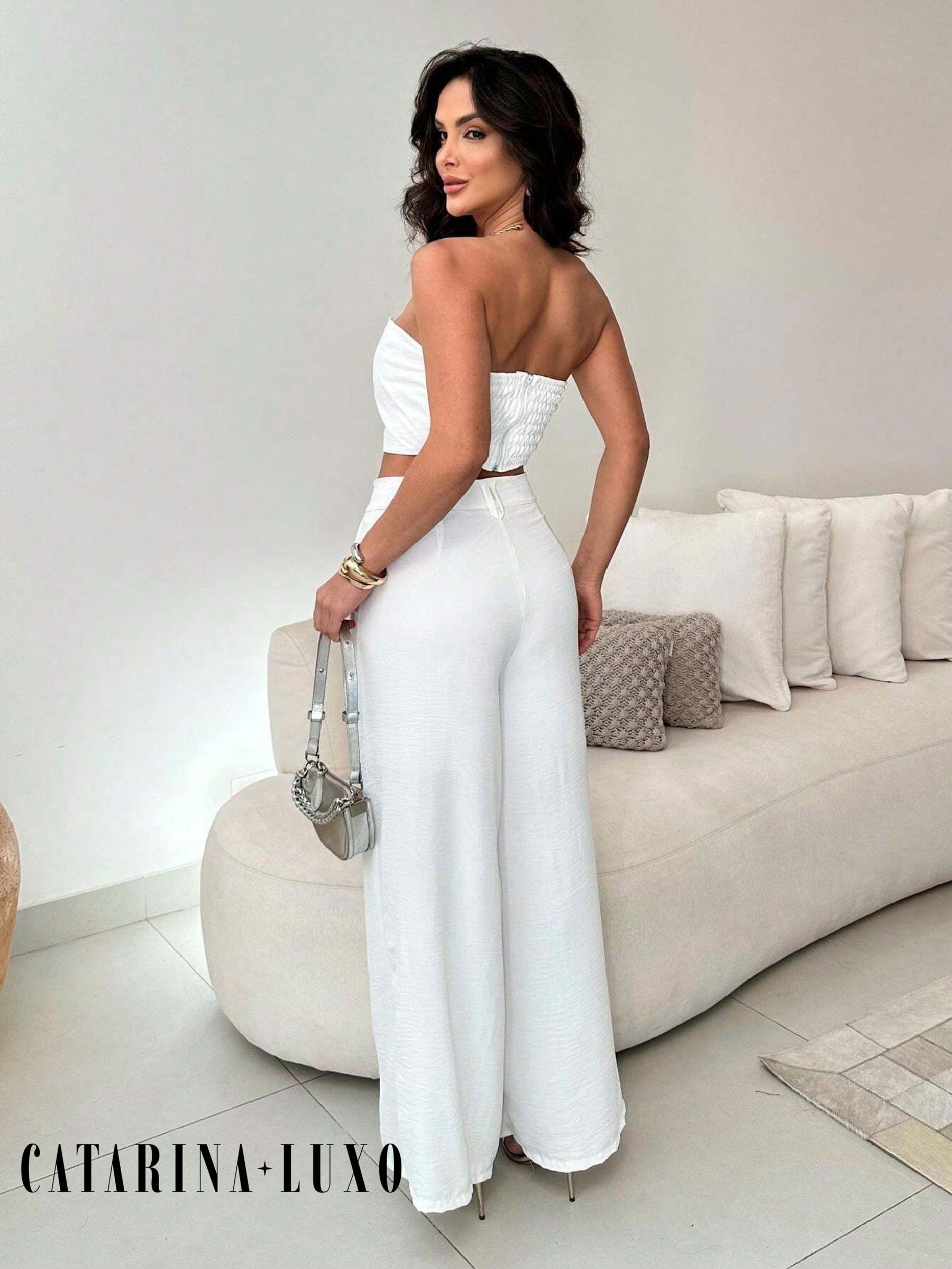 Conjunto Calça Pantalona E Cropped Tomara Que Caia Miriam