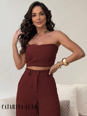 Conjunto Calça Pantalona E Cropped Tomara Que Caia Miriam