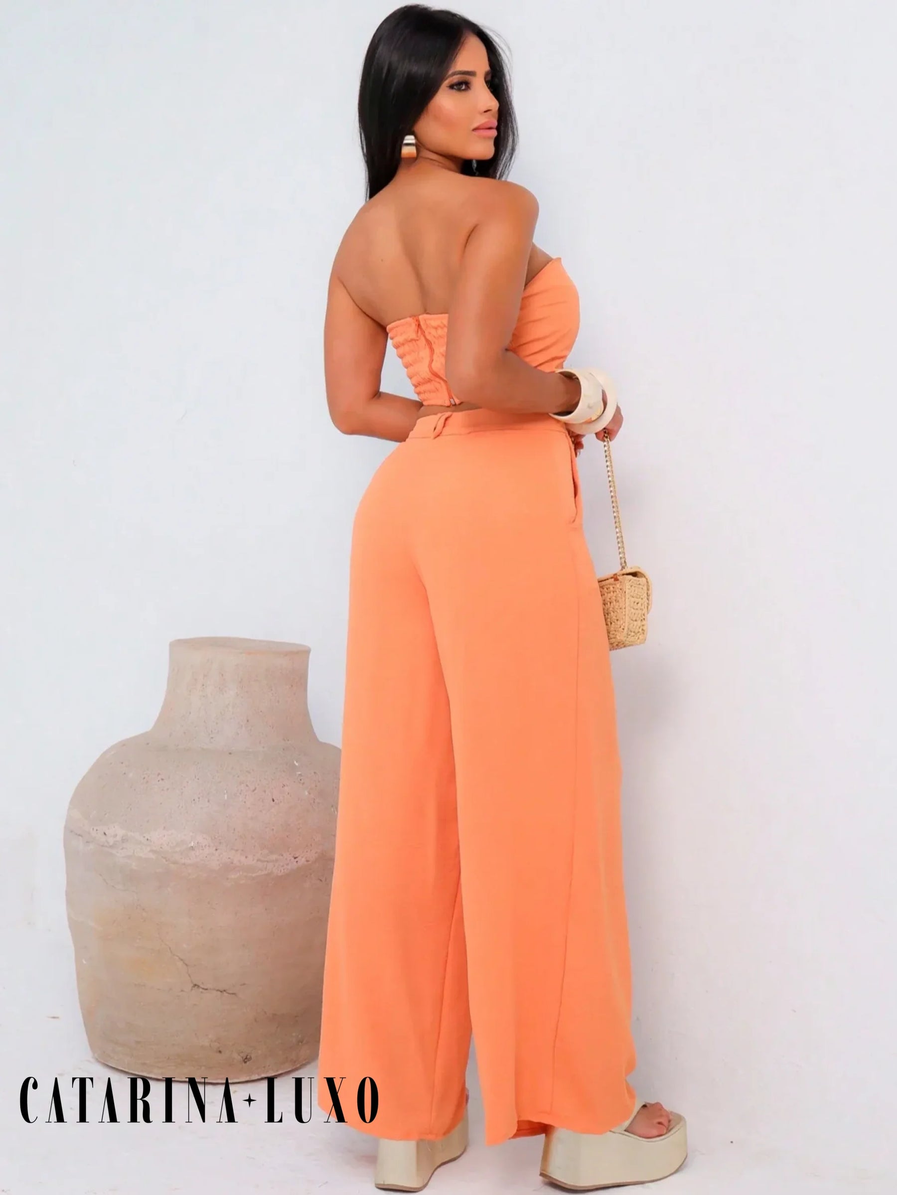Conjunto Calça Pantalona E Cropped Tomara Que Caia Miriam