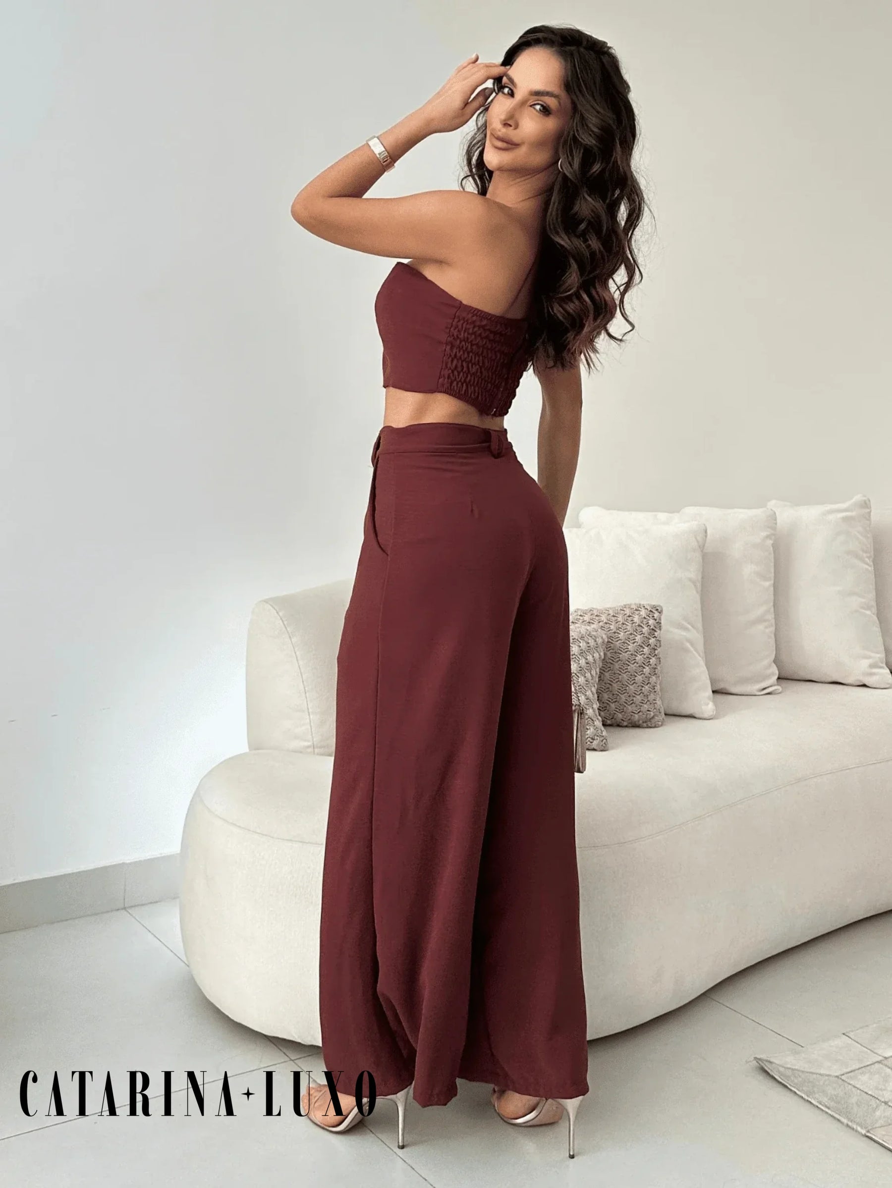 Conjunto Calça Pantalona E Cropped Tomara Que Caia Miriam