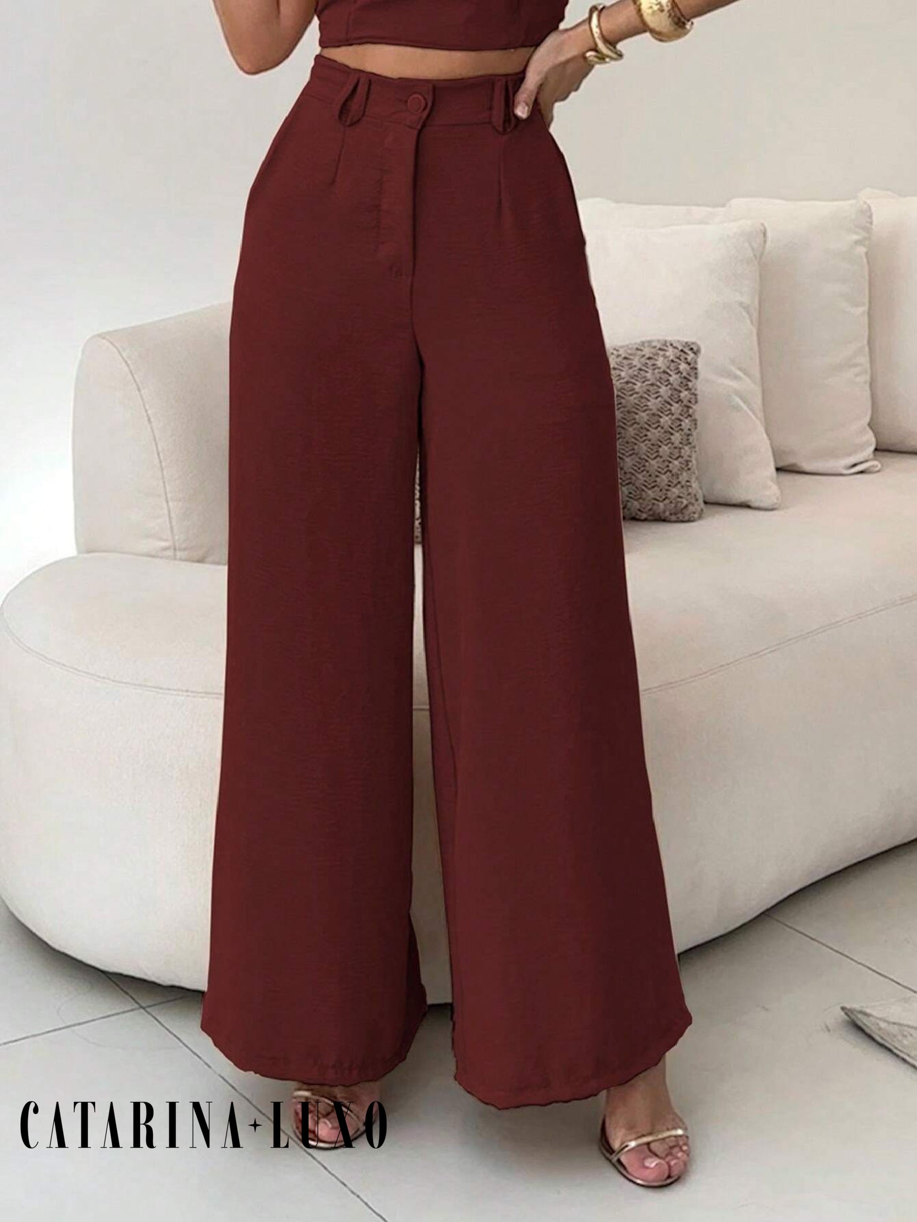 Conjunto Calça Pantalona E Cropped Tomara Que Caia Miriam