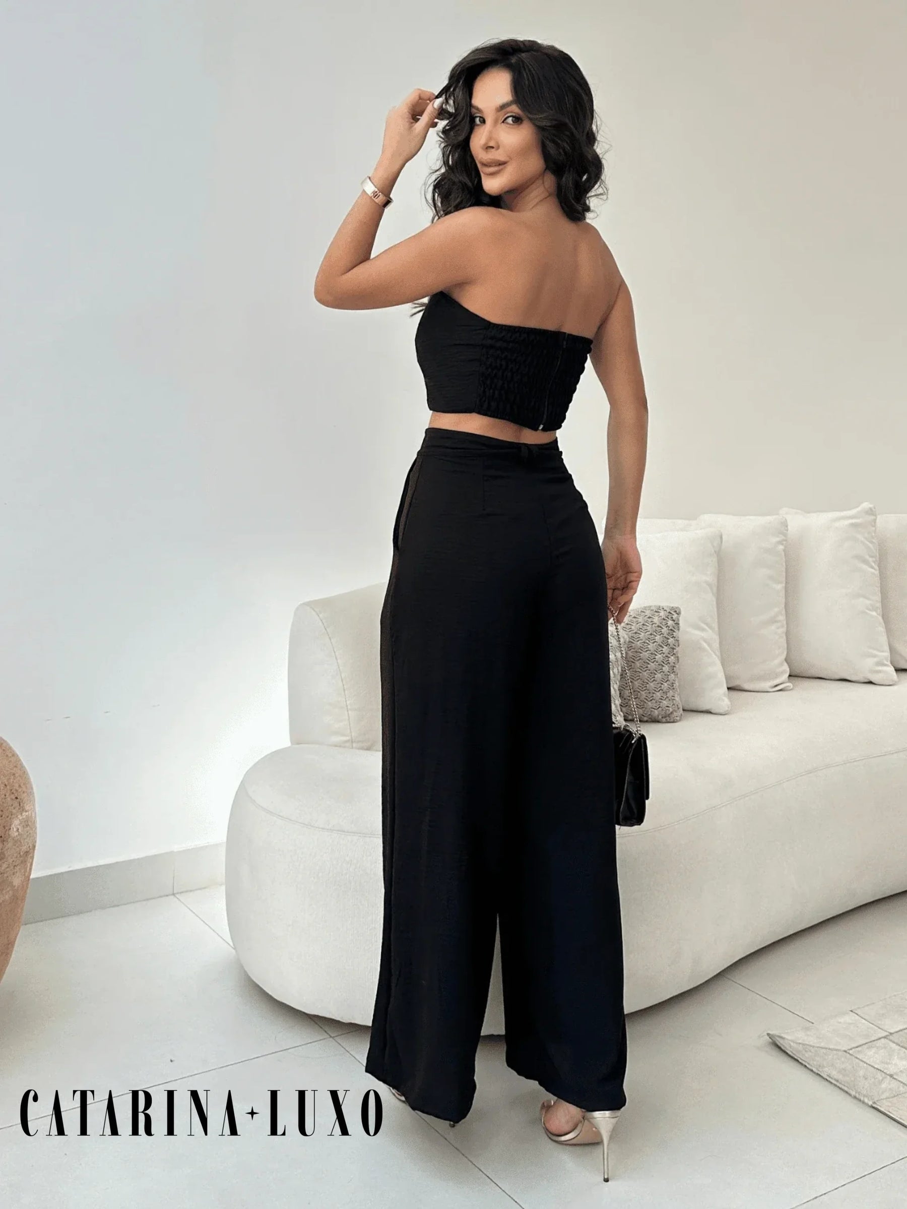 Conjunto Calça Pantalona E Cropped Tomara Que Caia Miriam