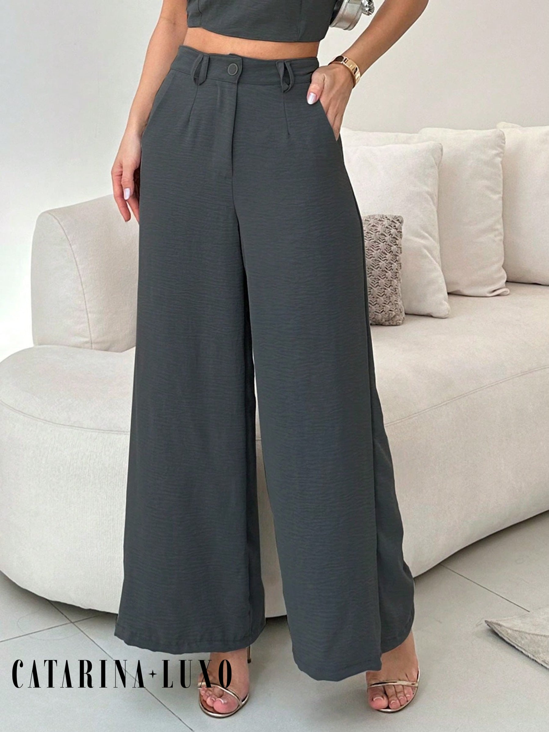 Conjunto Calça Pantalona E Cropped Tomara Que Caia Miriam