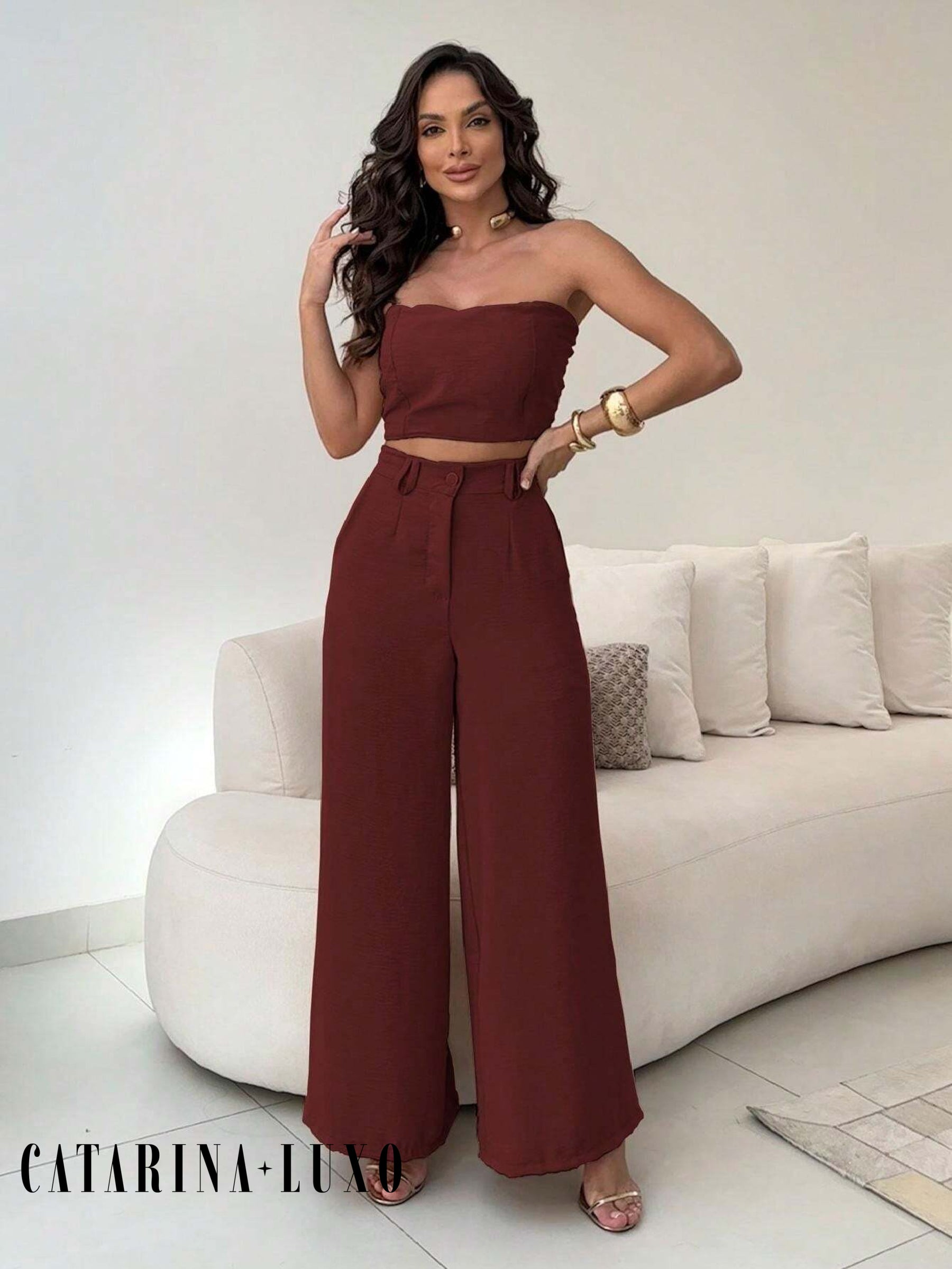 Conjunto Calça Pantalona E Cropped Tomara Que Caia Miriam