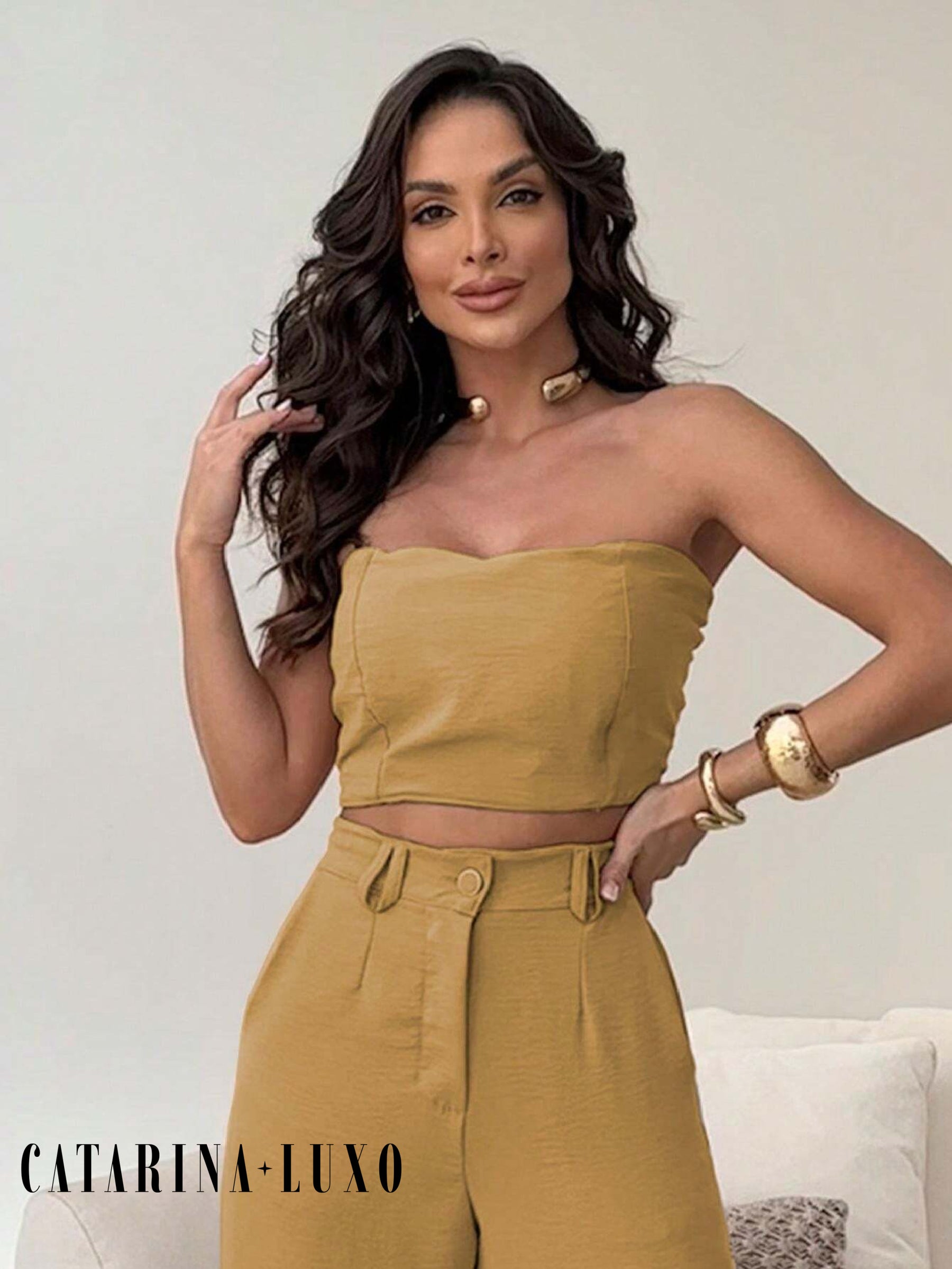 Conjunto Calça Pantalona E Cropped Tomara Que Caia Miriam