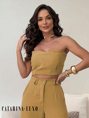 Conjunto Calça Pantalona E Cropped Tomara Que Caia Miriam