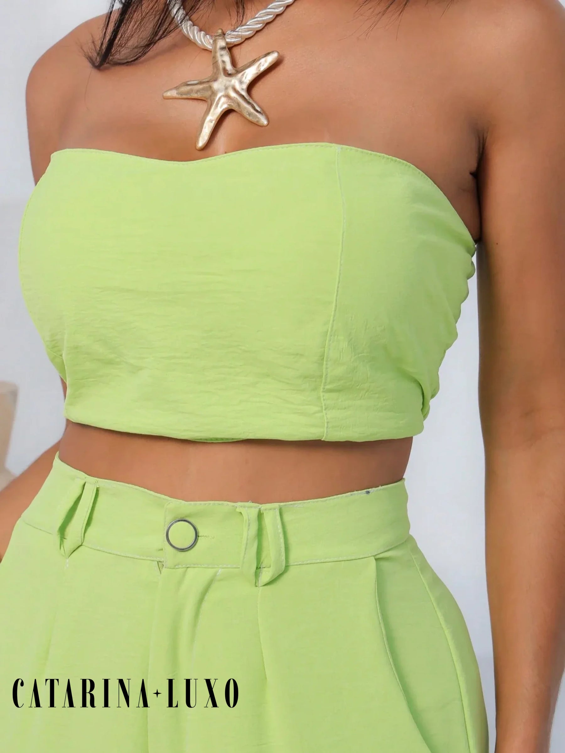 Conjunto Calça Pantalona E Cropped Tomara Que Caia Miriam