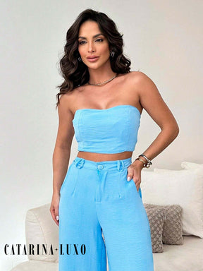 Conjunto Calça Pantalona E Cropped Tomara Que Caia Miriam