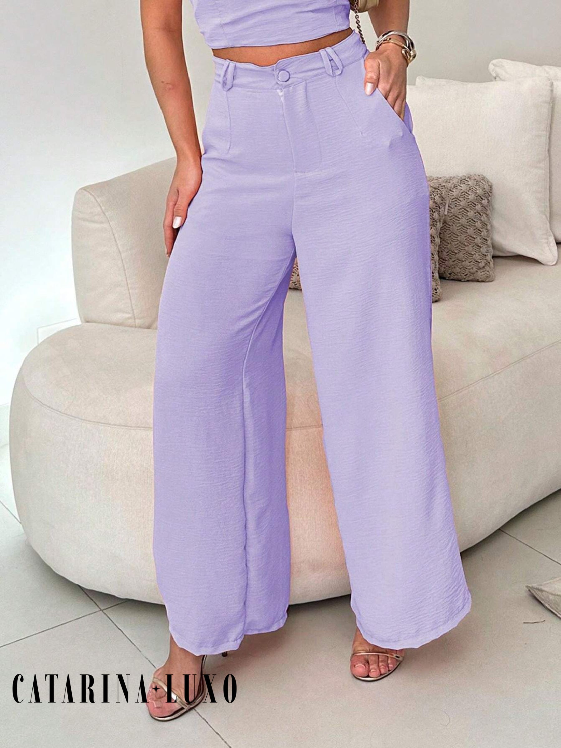 Conjunto Calça Pantalona E Cropped Tomara Que Caia Miriam