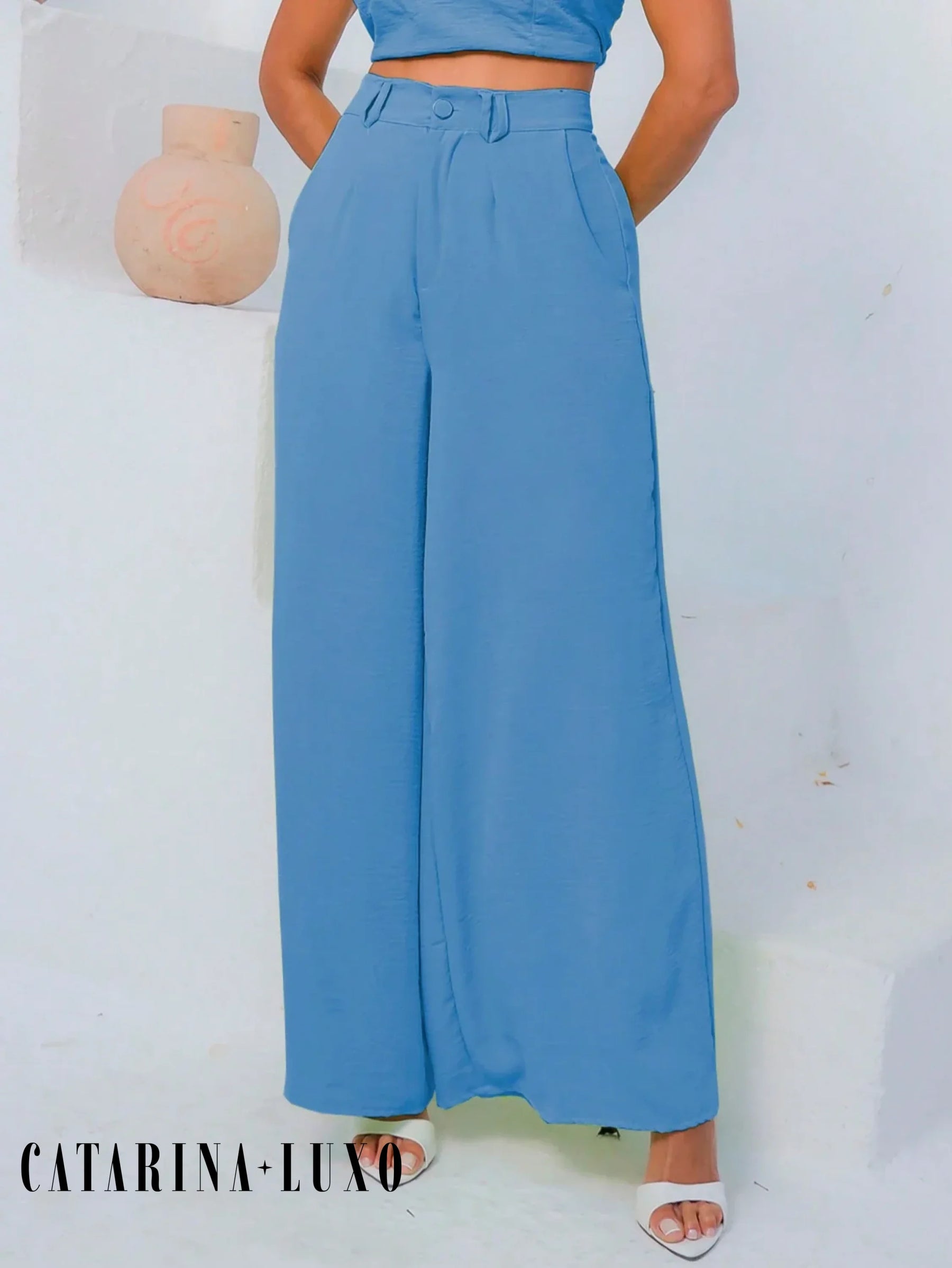 Conjunto Calça Pantalona E Cropped Tomara Que Caia Miriam