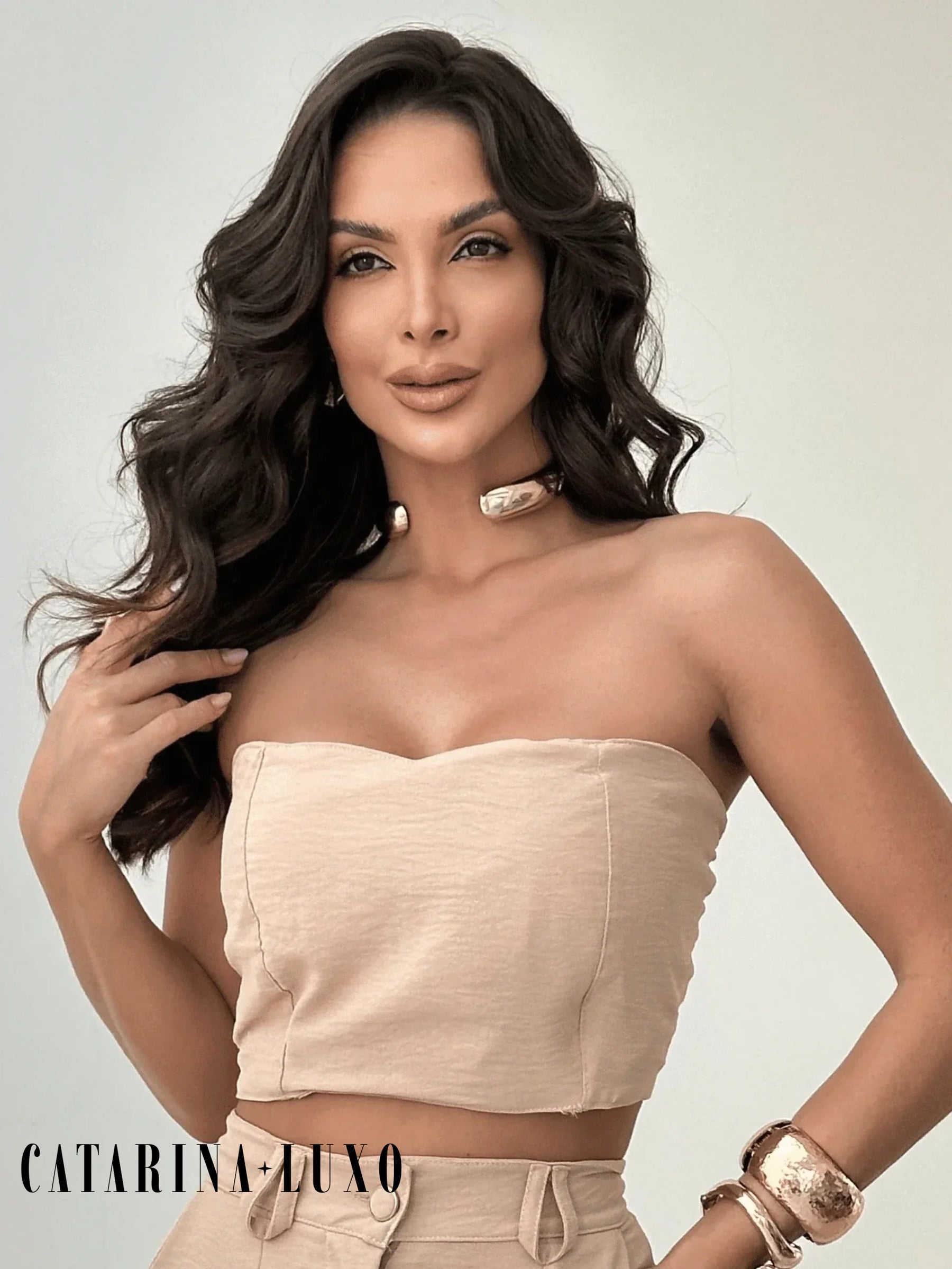 Conjunto Calça Pantalona E Cropped Tomara Que Caia Miriam
