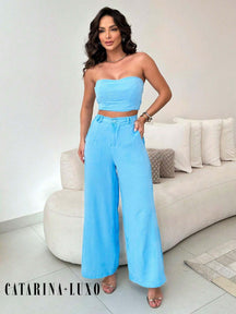 Conjunto Calça Pantalona E Cropped Tomara Que Caia Miriam Azul Bebê / P