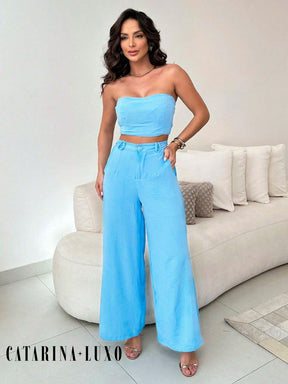 Conjunto Calça Pantalona E Cropped Tomara Que Caia Miriam Azul Bebê / P