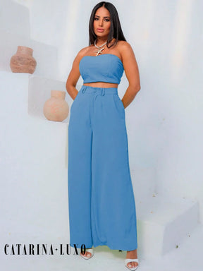 Conjunto Calça Pantalona E Cropped Tomara Que Caia Miriam Azul Jeans / P