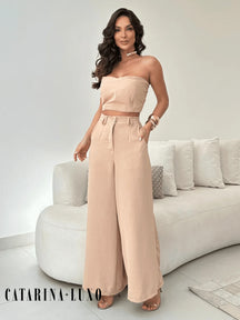 Conjunto Calça Pantalona E Cropped Tomara Que Caia Miriam Bege / P