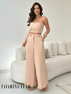 Conjunto Calça Pantalona E Cropped Tomara Que Caia Miriam Bege / P