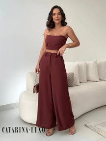 Conjunto Calça Pantalona E Cropped Tomara Que Caia Miriam Chocolate / P