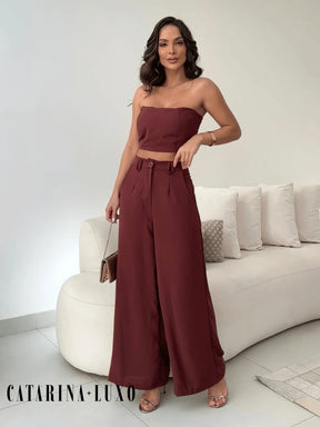 Conjunto Calça Pantalona E Cropped Tomara Que Caia Miriam Chocolate / P