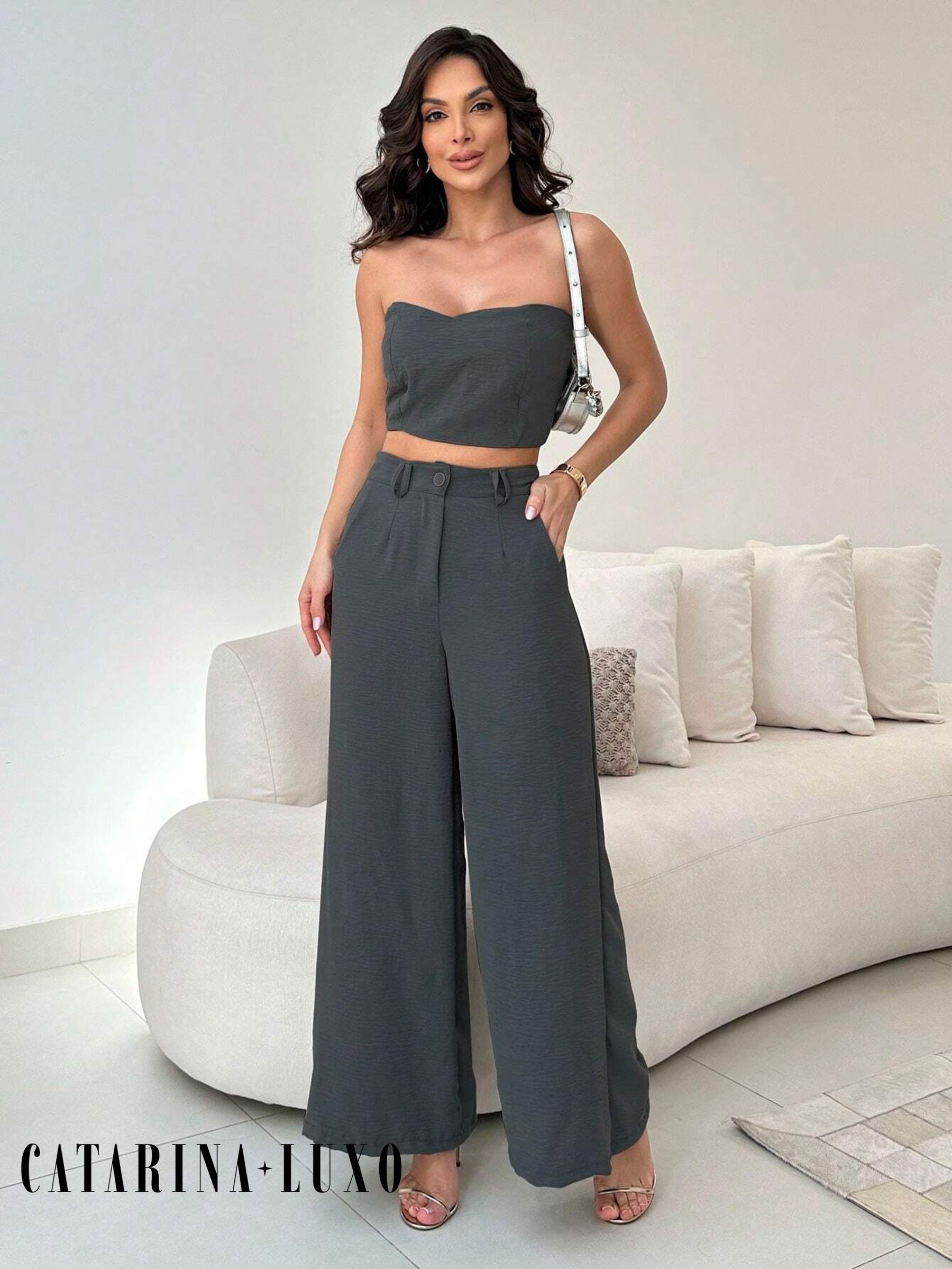 Conjunto Calça Pantalona E Cropped Tomara Que Caia Miriam Chumbo / P