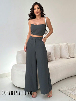Conjunto Calça Pantalona E Cropped Tomara Que Caia Miriam Chumbo / P