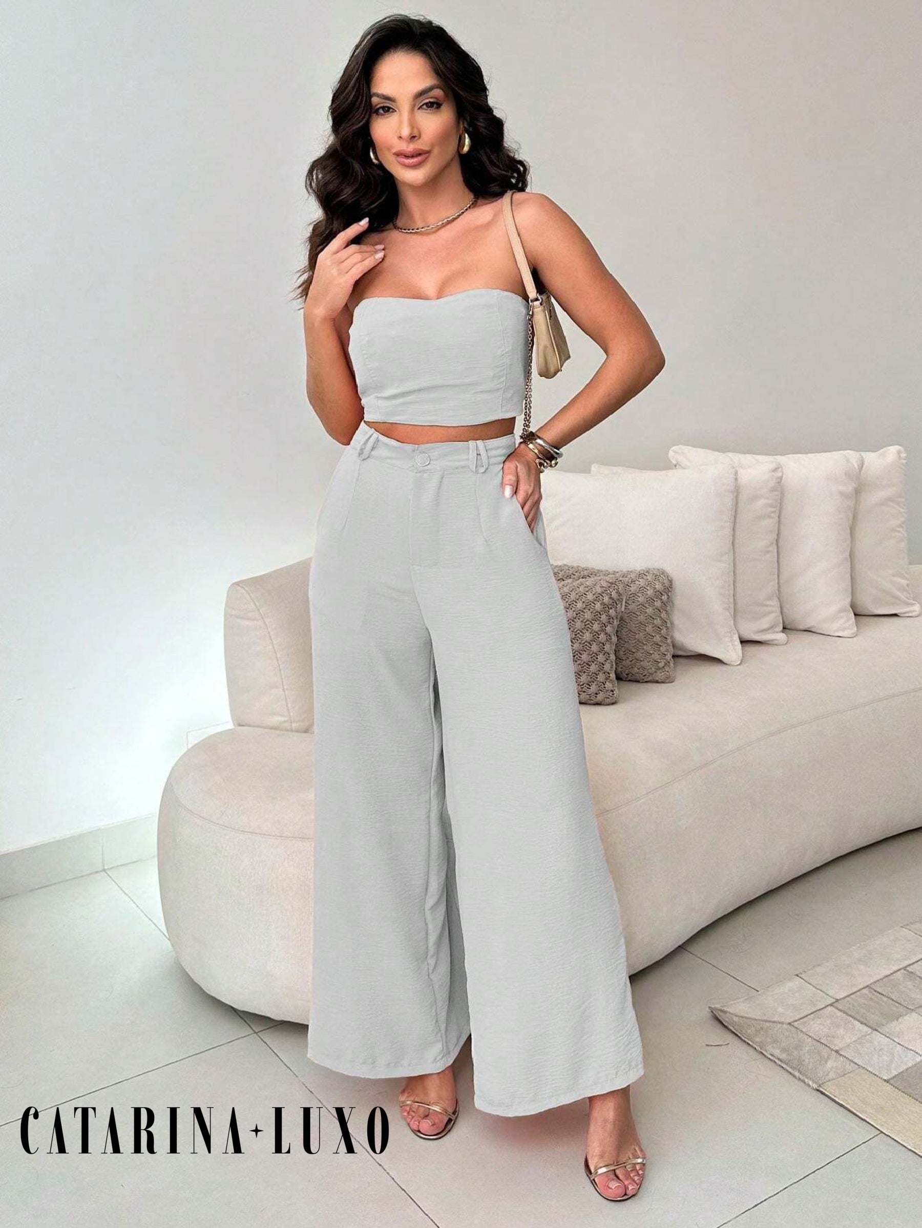 Conjunto Calça Pantalona E Cropped Tomara Que Caia Miriam Cinza Claro / P