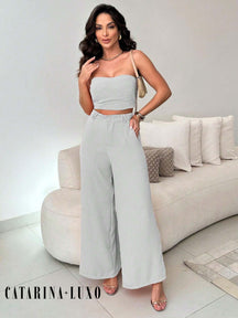 Conjunto Calça Pantalona E Cropped Tomara Que Caia Miriam Cinza Claro / P