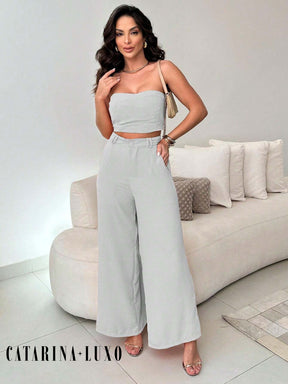 Conjunto Calça Pantalona E Cropped Tomara Que Caia Miriam Cinza Claro / P
