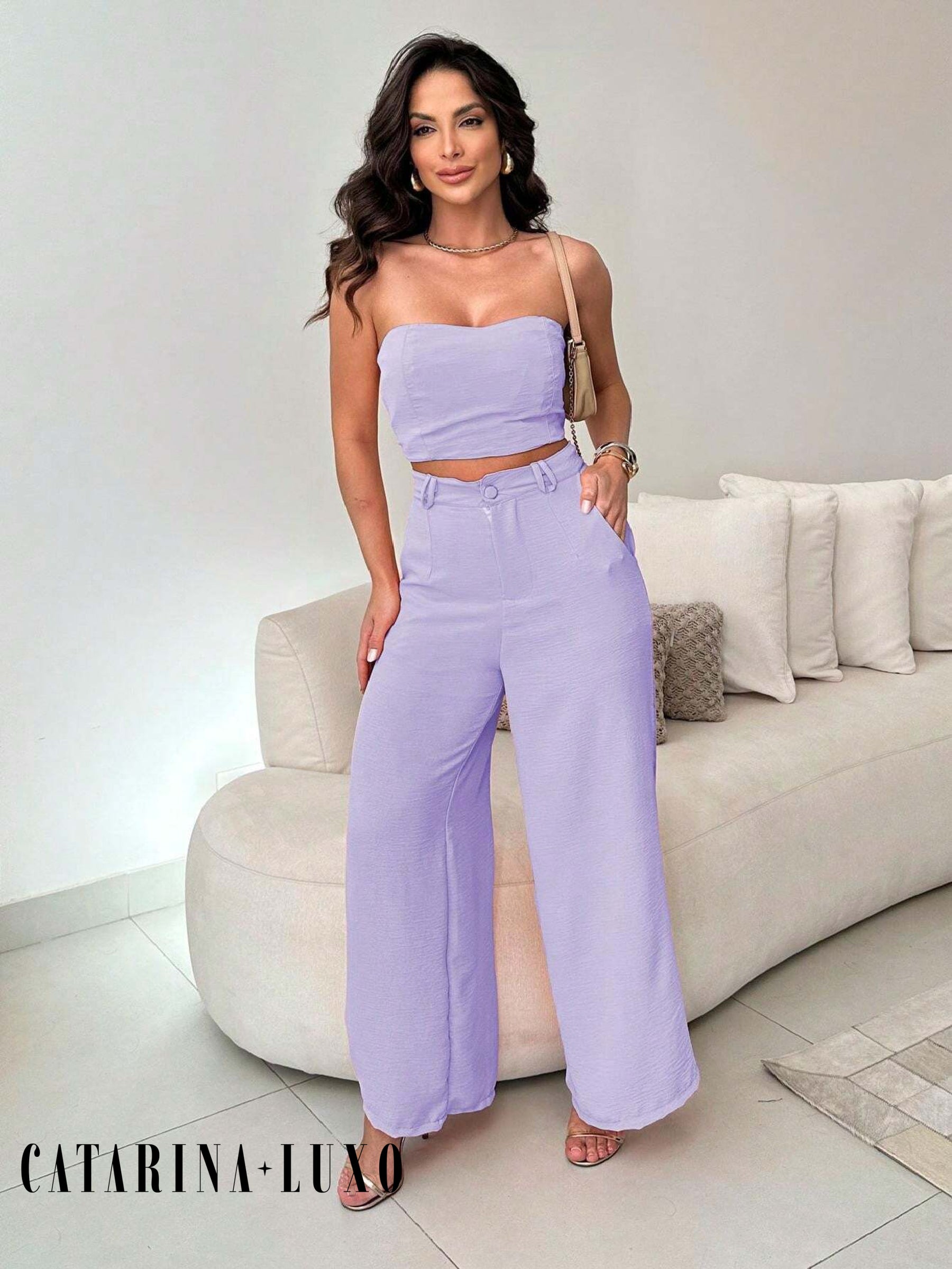 Conjunto Calça Pantalona E Cropped Tomara Que Caia Miriam Lavanda / P