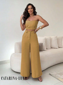 Conjunto Calça Pantalona E Cropped Tomara Que Caia Miriam Ocre / P