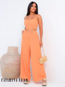 Conjunto Calça Pantalona E Cropped Tomara Que Caia Miriam Pêssego / P