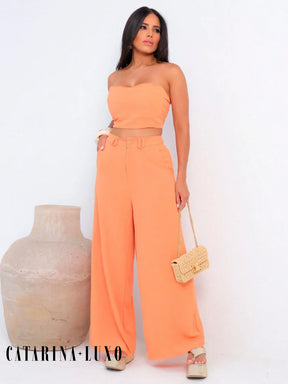 Conjunto Calça Pantalona E Cropped Tomara Que Caia Miriam Pêssego / P