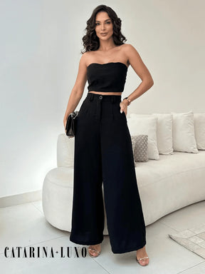 Conjunto Calça Pantalona E Cropped Tomara Que Caia Miriam Preto / P