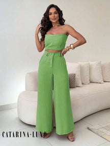 Conjunto Calça Pantalona E Cropped Tomara Que Caia Miriam Verde Oliva / P