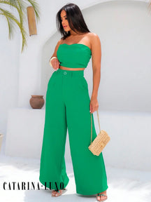 Conjunto Calça Pantalona E Cropped Tomara Que Caia Miriam Verde / P