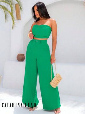 Conjunto Calça Pantalona E Cropped Tomara Que Caia Miriam Verde / P