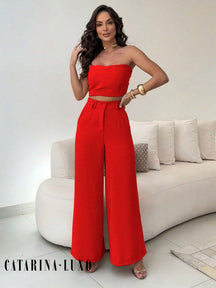Conjunto Calça Pantalona E Cropped Tomara Que Caia Miriam Vermelho / P