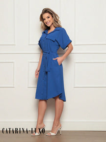 Vestido Chemise Botões E Cinto P / Azul