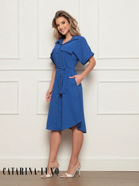 Vestido Chemise Botões E Cinto P / Azul