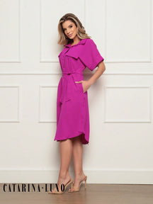 Vestido Chemise Botões E Cinto P / Fúscia