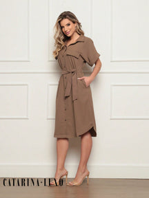 Vestido Chemise Botões E Cinto P / Marrom
