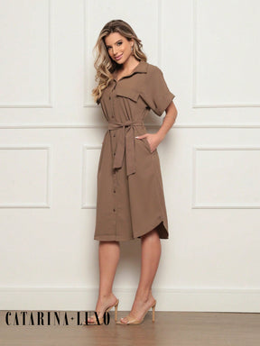 Vestido Chemise Botões E Cinto P / Marrom