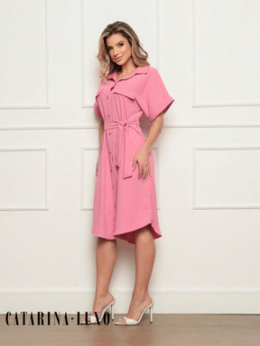 Vestido Chemise Botões E Cinto P / Rosa