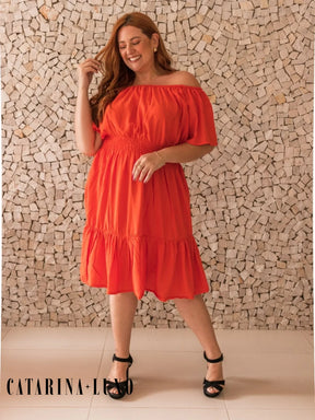 Vestido Curto Acinturado Manga Ombro Á Plus Size Paula Laranja / M