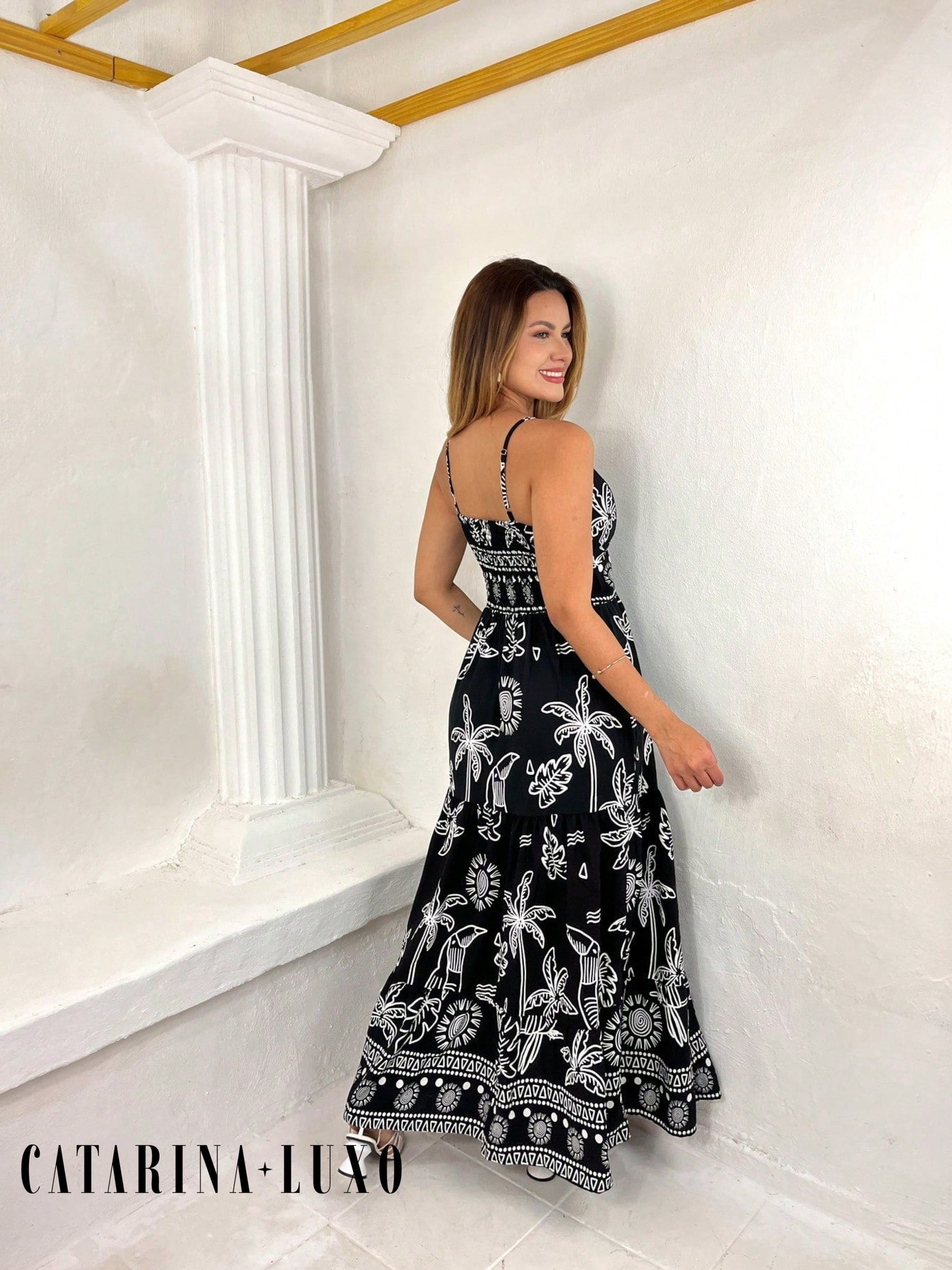 Vestido Longo Franzido Estampado Esther