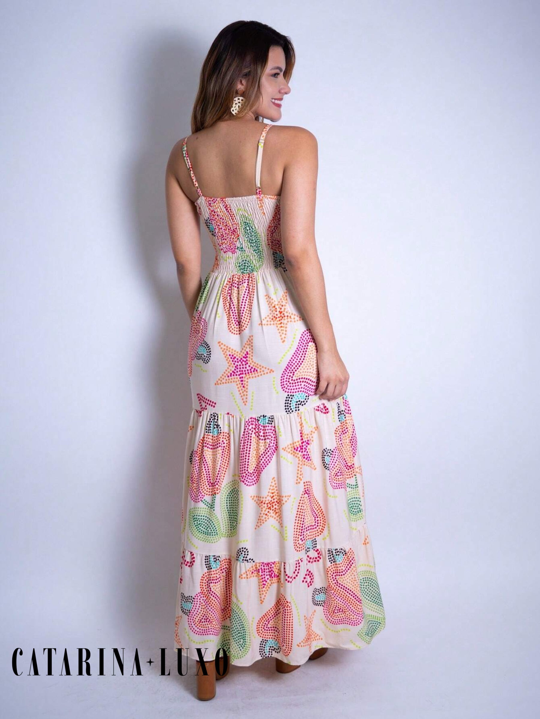 Vestido Longo Franzido Estampado Esther