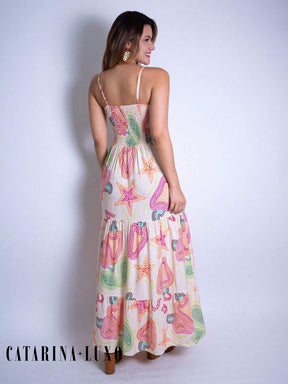Vestido Longo Franzido Estampado Esther